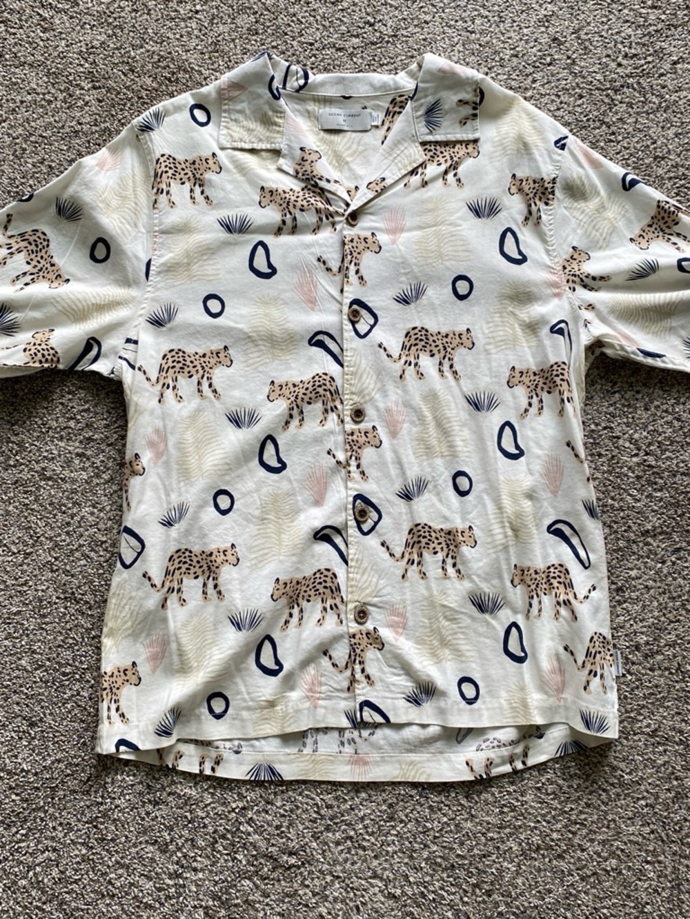 Ocean Current Mens Cream Button-Down Shirt with Leopard Print and Navy Accents